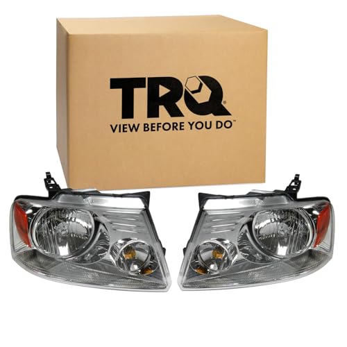 Image of TRQ 2 Piece Headlight Assembly Set Chrome Bezel Driver & Passenger Side Compatible with Ford F150 2004-2008 Lincoln Mark LT 2006 FO2502201 FO2503201 7L3Z13008FA 7L3Z13008GA