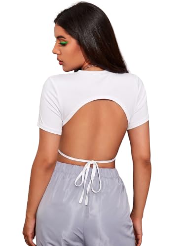 Image of Aahwan Solid Tie Back Cut Out Slim Fit Crop Top for Women's & Girls'