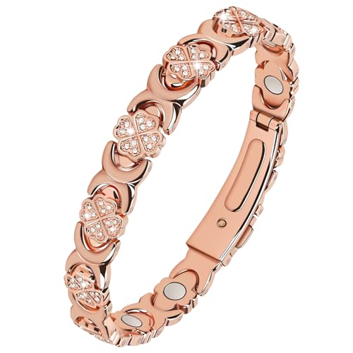 vapeples Copper Bracelets for Women 3800 Gauss 99% Pure Copper Magnetic Bracelet Adjustable Sizing Four-Leaf Clover Womens Bracelets with Sparkling Cubic Zirconia Gift Packaging