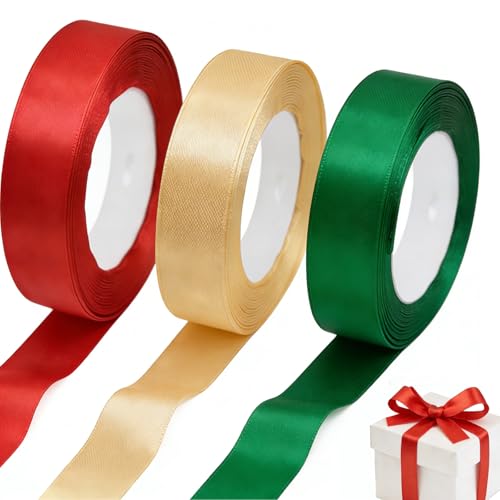 3Pcs Ribbons for Gift Wrapping Gift Wrap Ribbons Christmas Ribbon Double Sided Satin Ribbons for Valentine Craft Wrapping Xmas Decorations Holiday Cake Wreath Bow Wedding (Multicolor)