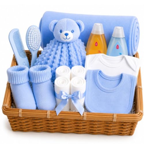 Image of Baby Boy Hamper Gift – Baby Newborn Essentials Teddy Comforter Rattle Bib Socks with Gentle Baby Bath and Shampoo Newborn Baby Boy Gifts Basket for Baby Shower and Christening