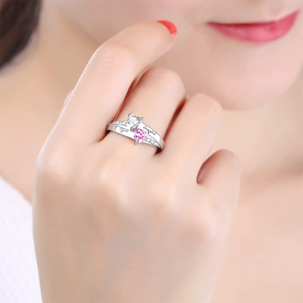 BYFDIY Anillo personalizado para madres con 1-8 piedras natales en forma de corazón de imitación y nombre grabado, anillos de promesa de plata de ley 925, joyería personalizada, anillo de compromiso