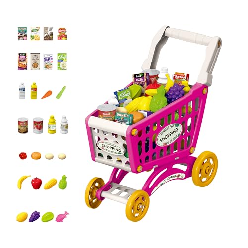 Carro de Compras de Juguete - 28 Accesorios con Comida - Juguete Educativo, Rosa