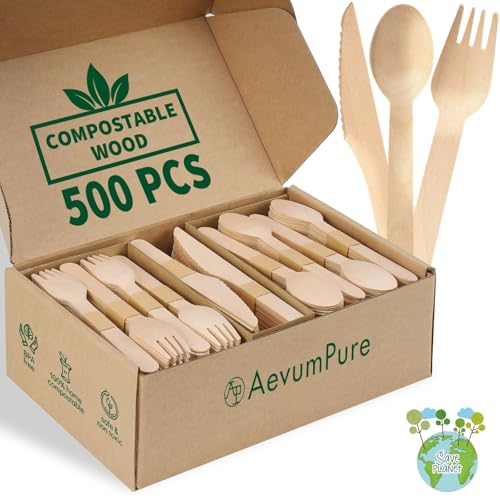 Compostable Wooden Utensils Set - 500 Pieces Disposable Wood Cutlery (200 Spoons, 200 Forks,100 Knives)-Bamboo Utensils And Plastic Silverware Alternative, Heavy Duty Utensils For Party