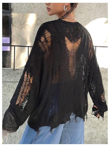Verdusa Women's Hollow Out Crochet Sweaters Top Long Sleeve Ripped Knit Top Gothic Clothes Concert Outfits Fall Clothes3