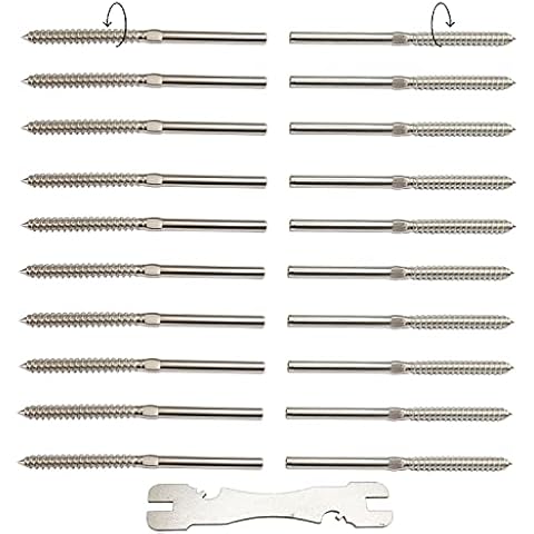 LOZOME T316 Stainless Steel 10 Pack Right & 10 Left Handed Thread Lag Screws Swage Cable Stud for Wood Post of 1/8" Cable Railing Kit, Deck Stair Railing DIY Wood Baluster Kit, with Wrench Cover