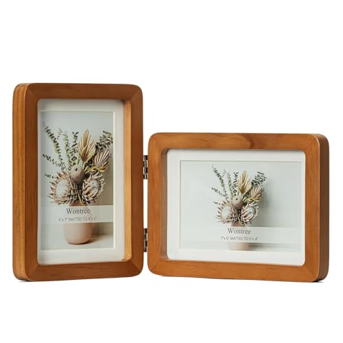 Wontree 5x7 Double Vertical Horizontal Hinged Foldable Combo Rounded Corner Picture Frame, Walnut-Colored Pine Wood with Real Glass, Display 5x7 Photos Matted to 4x6, Free-Standing Desk Tabletop