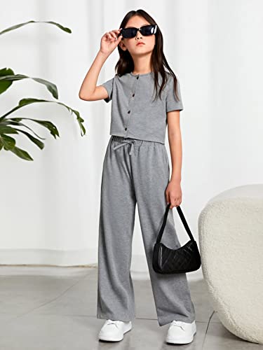 Image of OYOANGLE Girl's 2 Piece Outfits Button Front Short Sleeve Tee Shirt and Tie Front Pants Set
