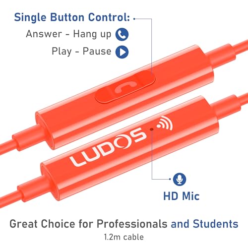 Image of LUDOS OMNITONE Wired Earbuds in-Ear Headphones, 5 Year Warranty, Earphones with Microphone, 3.5 mm Jack Corded Ear Buds, Videoconference for iPhone, Samsung, Laptop, Kids, School Students - Coral