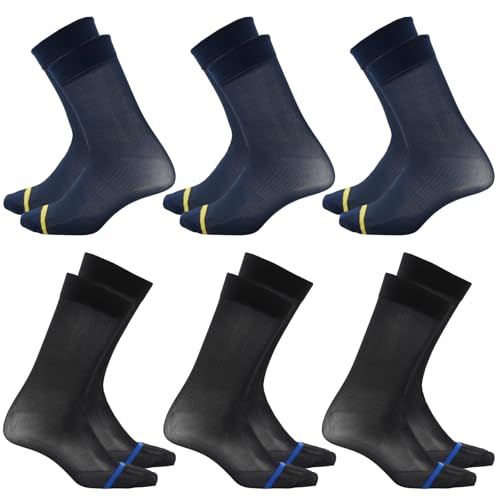 HMIEPRS 6 Pairs Socks Mens, Male Thin Silk Dress Suit Socks with Stripes, Men's Business Formal Wear Work Socks, Man Soft Nylon Calf Socks, Size 4-15 UK (Black+Navy)