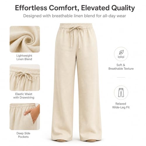 Image of Women Linen Wide Leg Pants High Waist Drawstring Elastic Waist Trousers Breathable Lightweight Summer Palazzo Pants Casual Travel Lounge Wear with Pockets
