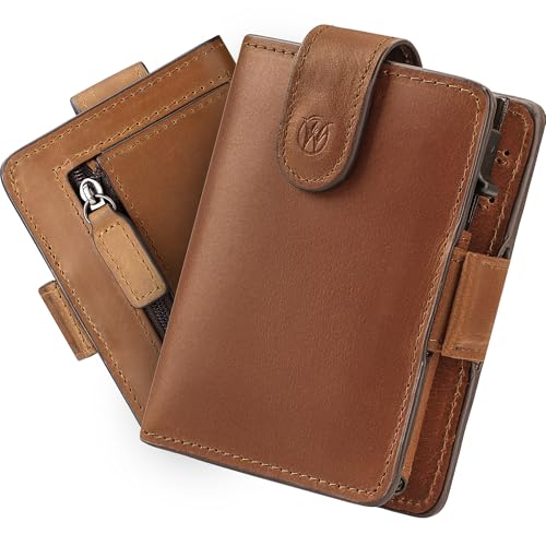 WillFire® MagFlap | Geldbörse Herren | Extra Schlüsselanhänger | Leder Kartenetui für 10-12 Karten | RFID geschützt | Einzigartiger Magnetverschluss | Inkl. Geschenkverpackung [Cognac]