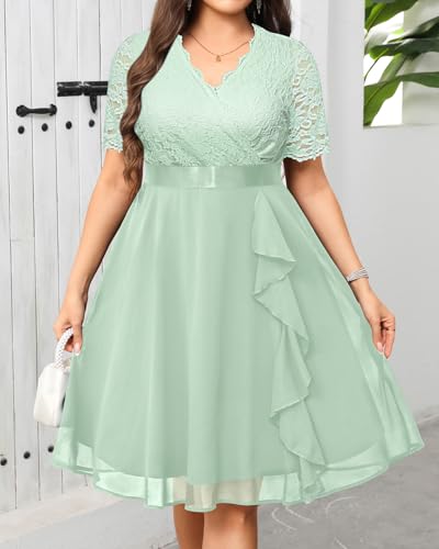 Image of Talisea Plus Size Wedding Guest Dress - Formal Cocktail Party Ruffle Elegant Tea Length Lace Chiffon V Neck Midi Dresses