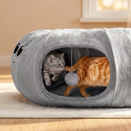 Image of Cat Tunnel Bed for Indoor Cats, Peekaboo Cat Cave Bed with 20 Pcs Cat Toys, Soft Cat Donut Tunnel for Kitten Large Cats, Grey Octopus