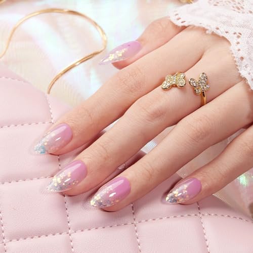 VSALON Almond Short Press On Nails, Summer Pastel Pinky Purple Ombre Blue Sparkle Confetti Sheer False Nails, Reusable Soft Gel Fake Nails with Glue & Cuticle Oil - 32 PCS in 16 Sizes