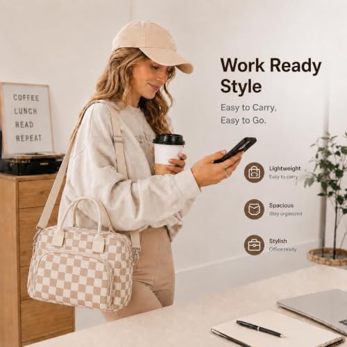 Image of LOVELYWIND Large Insulated Lunch Bag For Women, Brown White Lunch Box 12L | Large Shoulder Strap Lunch Tote With Insulated Lining; Stylish Look For Work, School, Picnic, And Organized Meals.