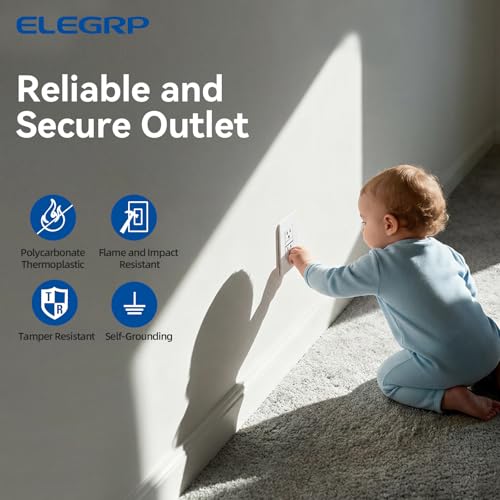 Image of ELEGRP Decorative Outlet Night Light, Electrical Wall Outlets with Built in Led Guidelight 3000K, Tamper Resistant Receptacle, 15 Amp 125 Volt, Plate Cover Included, Matte White, 1 Pack