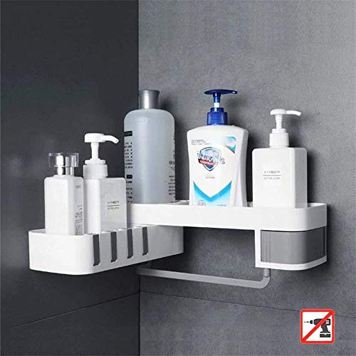 Qisiewell Étagère de Douche d'angle avec 4 Crochets pour Salle de Bain Fixation sans perçage Finition polie Rectangulaire