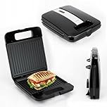 Huslog Tostapane e Panini Grill 1400W, Piastre Antiaderenti, Manico Cool Touch, Spia di Controllo, Design Salvaspazio, Piedini Antiscivolo, Acciaio Inox, 31,9x26,1x11 cm, Nero
