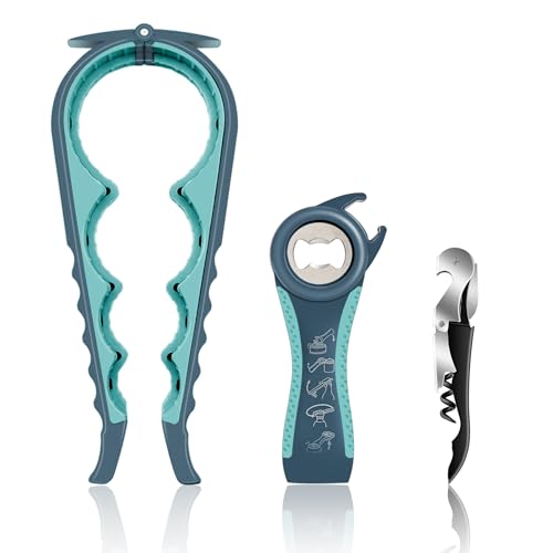 Jar Opener for Weak Hands Seniors with Arthritis 5 in 1 Multi Function Bottle Opener Lid Opener For Arthritic Hands with Corkscrew Wine Opener (blue)