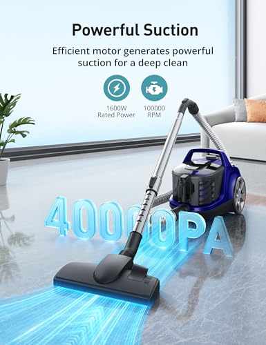 Image of Aspiron Canister Vacuum Cleaner, 40Kpa Bagless Vacuum Cleaners, 4QT Large Dust Cup, Double HEPA Filter, Retractable Cord, 1600W Lightweight Vacuum Cleaner with 5 Tools for Hard Floors, Prussian Blue