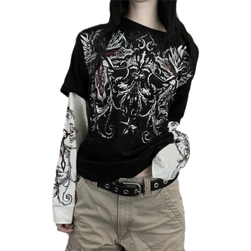 Women's Gothic Fake Two Piece Shirt Y2K Alternative Clothing Long