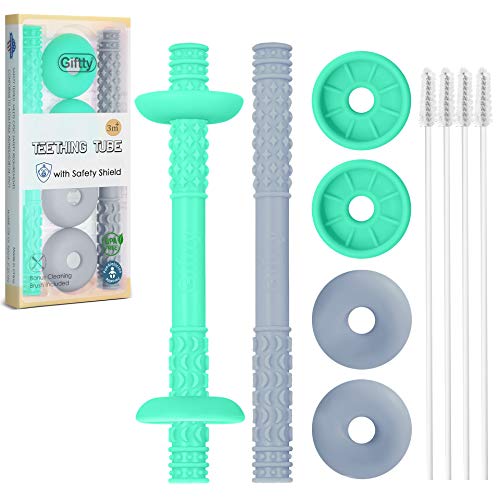 Image of Giftty Teething Tube with Safety Shield - Baby Hollow Teether Sensory Toys & Gum Massager for 3-12 Months Boys Girls, BPA-Free Food-Grade Silicone, 1 Pair with 4 Cleaning Brush Included(Emerald+Gray)