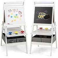 COSTWAY 3 in 1 Kids Art Easel, Double-Sided Toddler Drawing Board with Magnetic Whiteboard & Chalkboard, Paper Roll, 3 Paint Cups, Storage Bins and Racks, Children Easels for 3-6 Yeas Old (White)