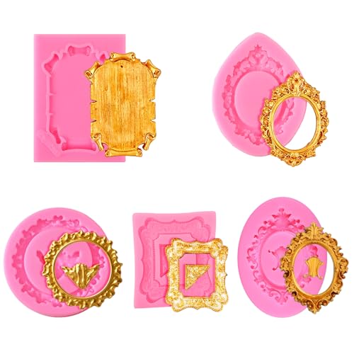5 moldes de silicona con 5 formas, color rosa vintage, para fondant, marco de fotos de estilo barroco, moldes de silicona, para fudge, pasteles, chocolate, decoración de postres