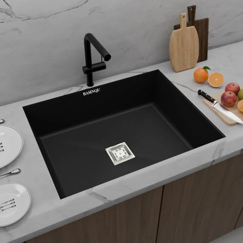 Image of BASINQU Quartz Kitchen Sink 24 x 18 x 9 Inch Granite Kitchen Sink Single Bowl Black Quartz Sink for Kitchen Basin Sound Dampening Scratch Resistant UV-Protected Noise Reducing sinks