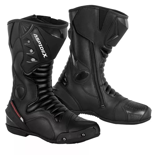 ASPIDEX Stivali da Corsa Per Moto da Uomo Scarpe Impermeabili Lunghe in Pelle da Moto Touring (Nero, Standard, Sistema Taglie Calzature EU, Adulto, Numero, Media, 44)