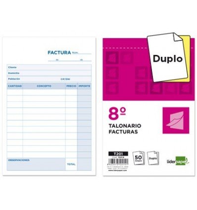 Talonario liderpapel facturas 8º original y copia t201 sin i.v.a.