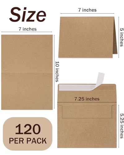 Lazydrop Blank Cards and Envelopes 120 Pack, 5 x 7 Kraft Folded Cardstock,Blank Greeting Cards and Envelopes, printable cards for DIY card stock, wedding, invitations, Thank You Cards, All-occasion