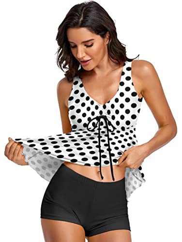 Omichic Vintage 50s Polka Dot Modest Tankini Swimsuits for Women Two Piece Bathing Suits Blouson Top with Boyleg - Thumbnail 2