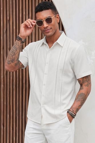 KYKU Men's Cuban Guayabera Shirt Short Sleeve Button Down Casual Summer Beach Wedding Shirts Resort Wear White L — view 2