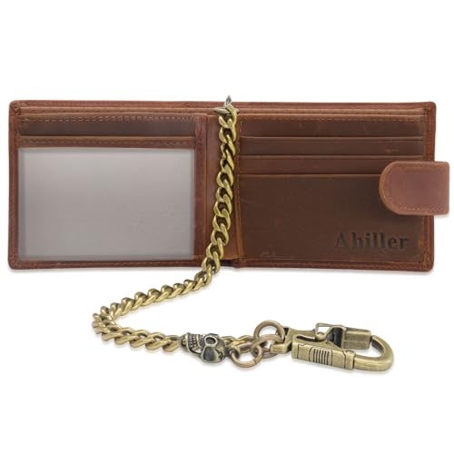 Ahiller Chain Wallets for Men Crazy Horse Leather Bifold Wallet, Coffee