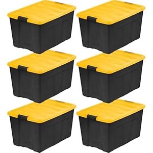 IRIS USA 72 Qt Stackable Plastic Storage Bins with Lids, 6 Pack – BPA-Free, Made in USA – Garage Organizing Solution, Latches, Durable Nestable Containers, Secure Pull Handle – Black/Yellow