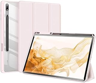 Case for Samsung Galaxy Tab S8 Plus / S7 Plus / S7 FE 12.4 inch, Tablet Trifold Case Cover Transparent PC Back Shell with Pencil Slot/Auto-Wake, Pink