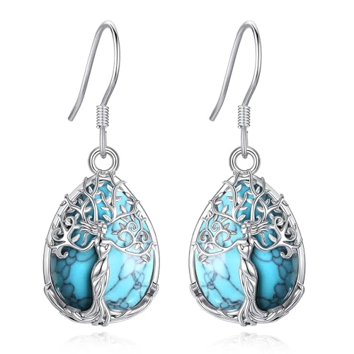 Boucles d'oreilles Arbre de Vie Turquoise en cristal, l'élégance d'un bijou haute finition