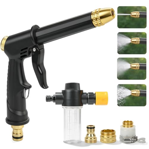 High Pressure Hose Nozzle with 4 Spray Modes, Adjustable Water Spray Gun, Metal Garden Hose Sprayer for Car Wash, Plant Watering, Patio & Outdoor Cleaning (Sprayer Kit with 3 Connectors & Foam Cannon)