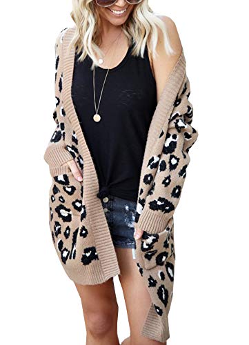 Ru Sweet Women Leopard Cardigan Long Open Front Sweaters Loose Knit Coat Draped Jumper with Pockets