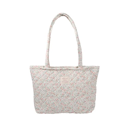 Image of Floral Quilted Cotton Shoulder Bag for Women Daily Use Medium Size Handbag Large Capacity Thickened Design Tote