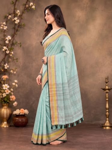 Image of MADHUHANSH Women's Cotton Linen Saree with Unstitched Blouse Piece and Floral Printed Pattern | Women Saree for Special Occasion | Stylish Modern Sarees
