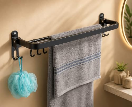 Image of iSTAR Folding Towel Rack /Towel Stand /Towel Hanger /Rack Shelf for Bathroom /Bathroom Accessories (24 Inch, Black)(Stainless Steel)