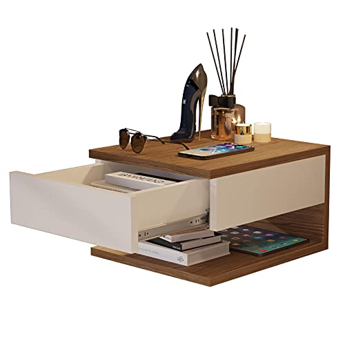 Conjunto Cabeceira Suede Casal e Mesas de Cabeceira Suspensa Decor Off White/Freijó - Mania de Móvei