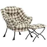 HollyHOME Lazy Chair with Foldable Ottoman, Accent Comfy Lounge Armchair and Folding Footrest Stool, Leisure Sofa Reading Chair and Footstool for Living Room, Bedroom, Dorm,Plaid Pattern