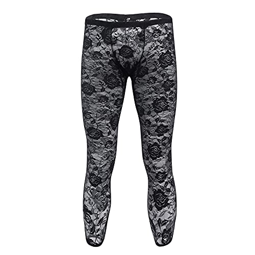 Men's Sissy Floral Lace Sheer Mesh Long Pants Leggings Low Rise Semi See Through Transparent Long Johns Tights Black X-Large #TOP3