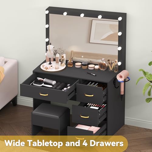 DWVO Makeup Vanity with Lighted Mirror, Dressing Table with 11 LED Bulbs & 3 Lighting Modes, Storage Drawers, Charging Ports and Soft Cushioned Stool
