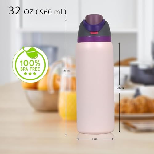 Image of FreeSip Gym Water Bottle with Straw & Chug Lid - Leak Proof Push Button Opening, BPA Free, Large Capacity Sports Bottle with Carry Handle (Lavender Blush, 960 ML)