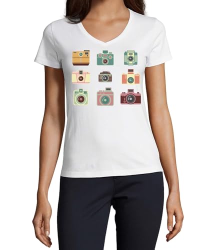 T-shirt col en V coton femme blanc imprimé appareil photo hipster art original
